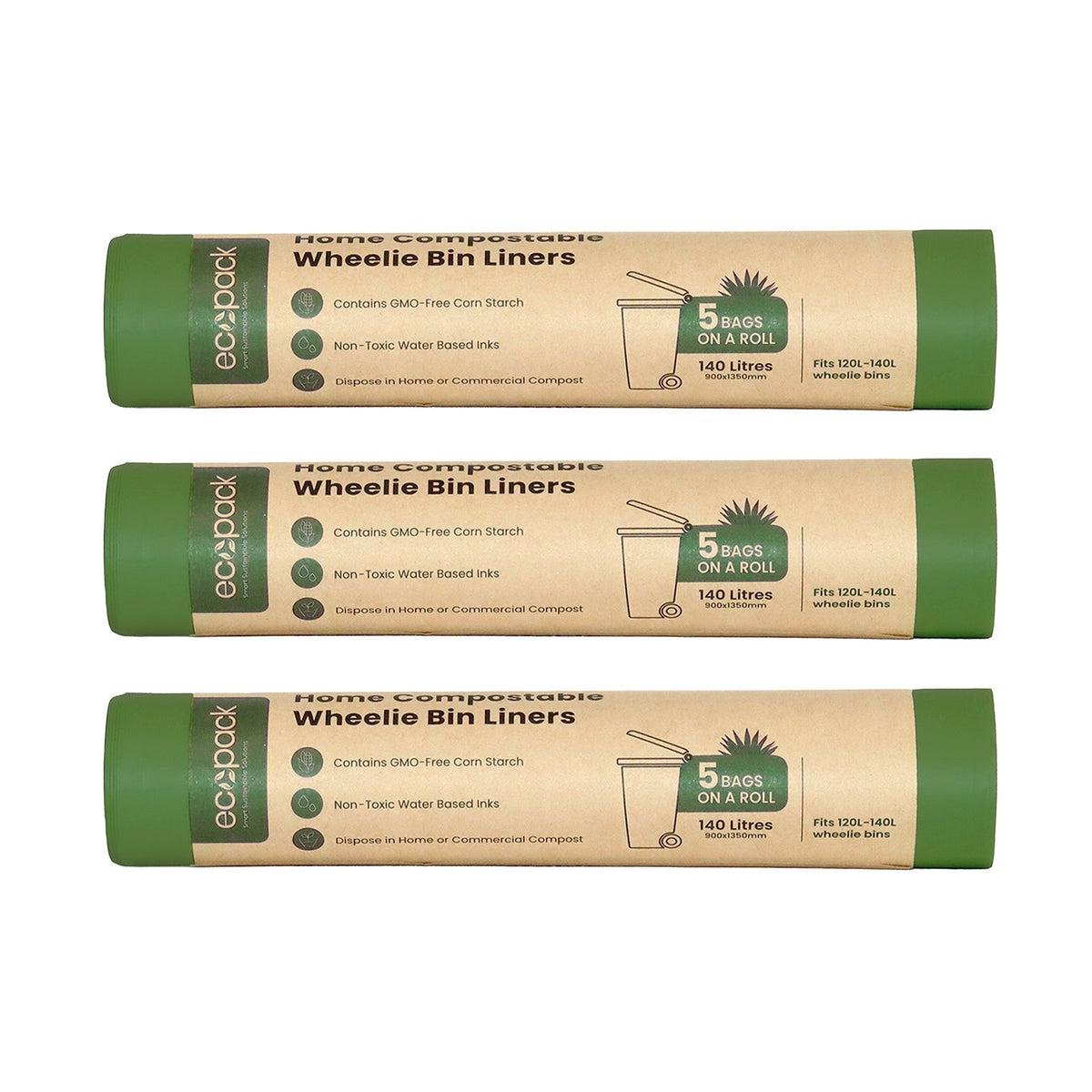 Ecopack 140L Compostable Bin Liners 3 Rolls Bundle