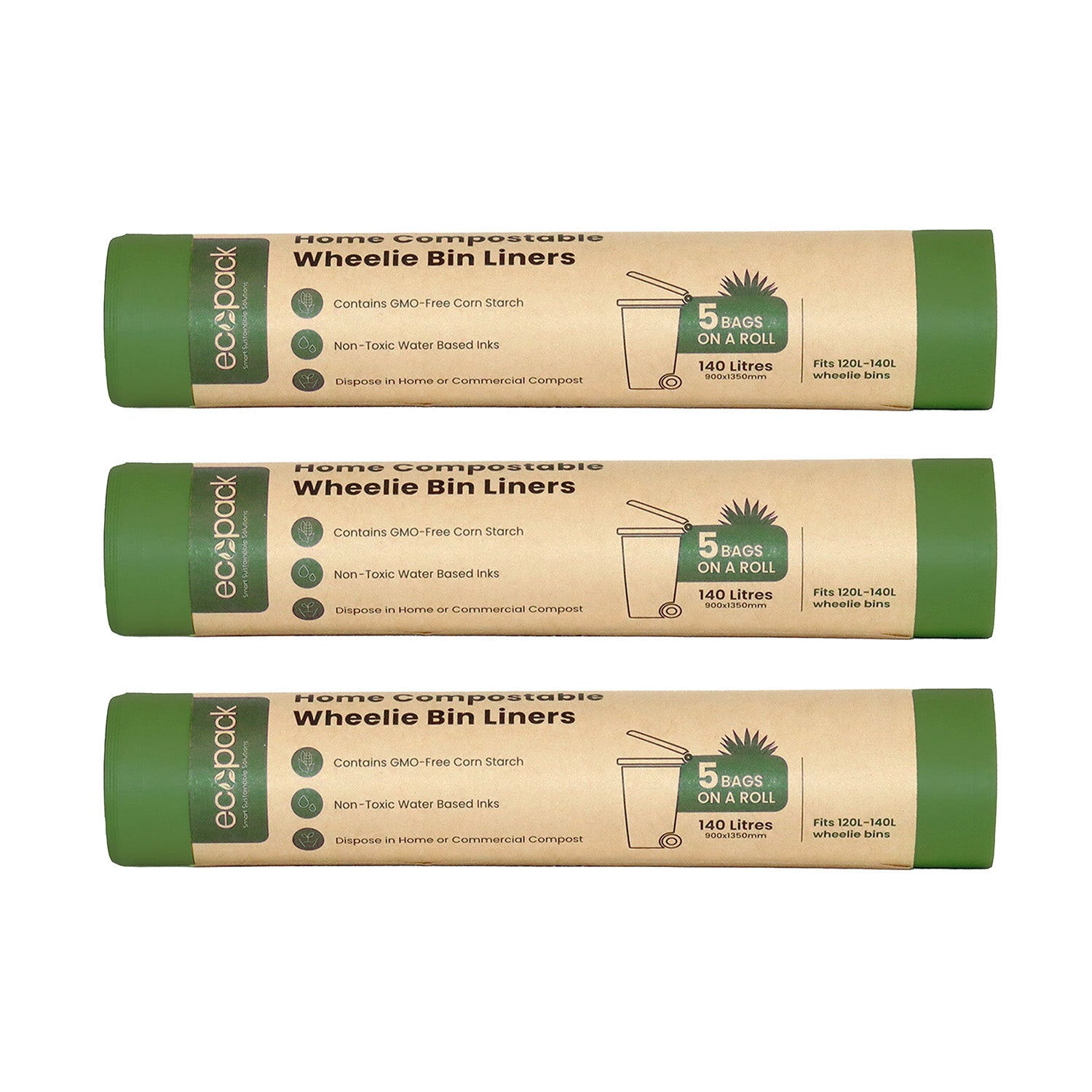 Ecopack 140L Compostable Bin Liners 3 Rolls Bundle