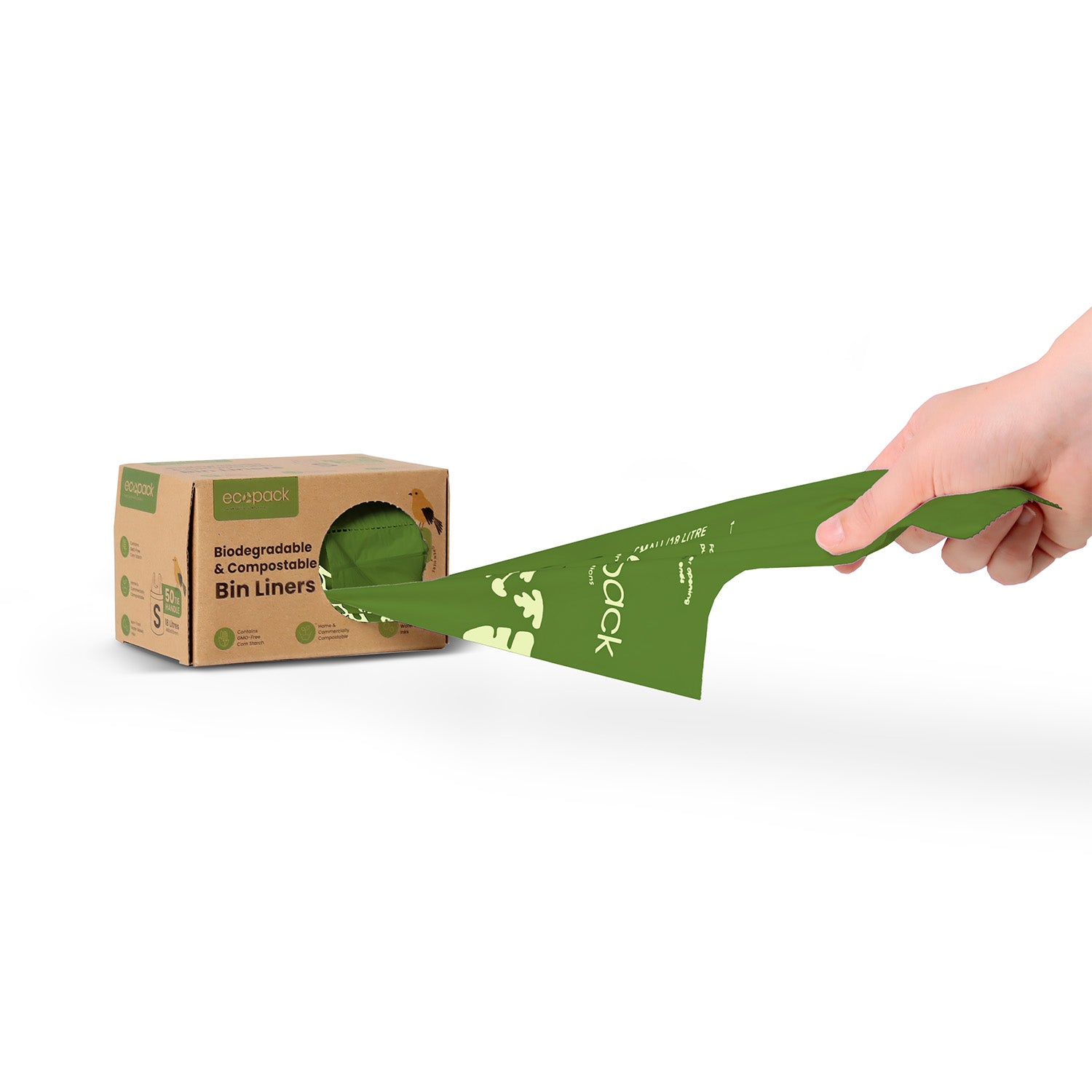 Pulling a bag from Ecopack 18L compostable bin liners with tie handle dispenser box