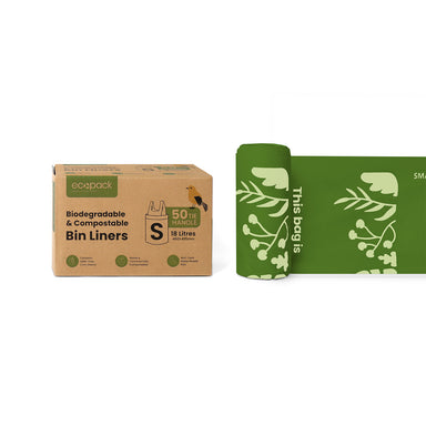 Ecopack 18L compostable bin liners with tie handle box next to a bag roll