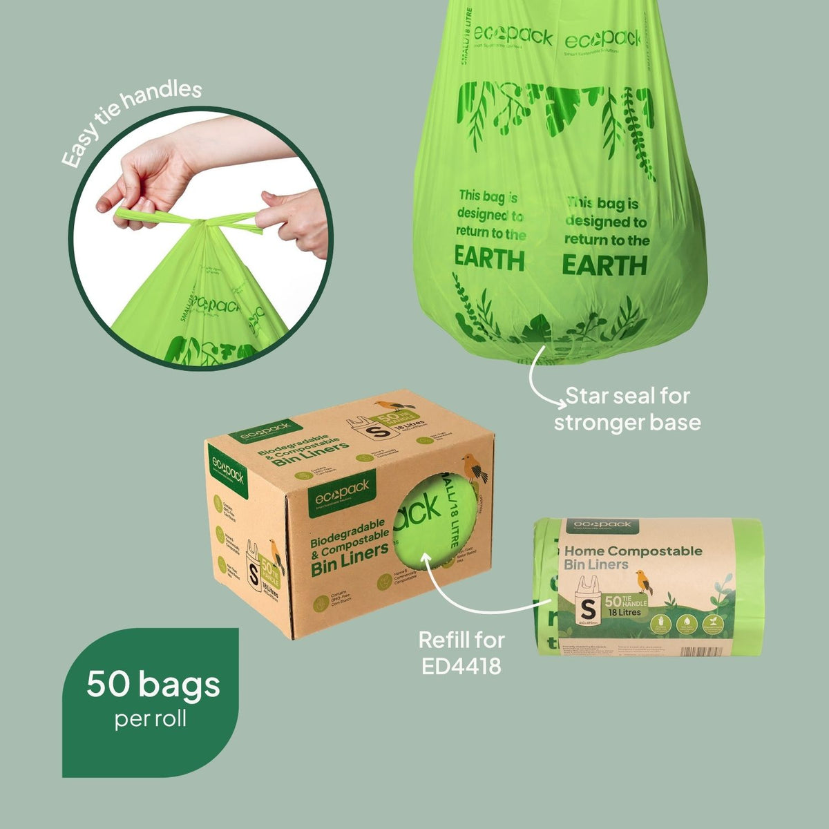 Ecopack 18L Compostable Bin Liners – Dispenser Box Refill (50 Bags) Features