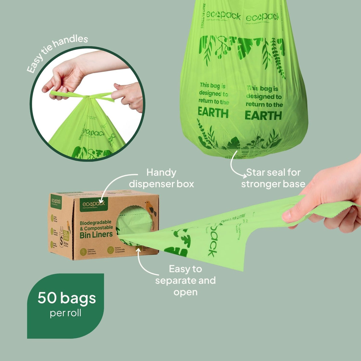 Ecopack 18L Compostable Lime Green Bin Liners Dispenser Box Features