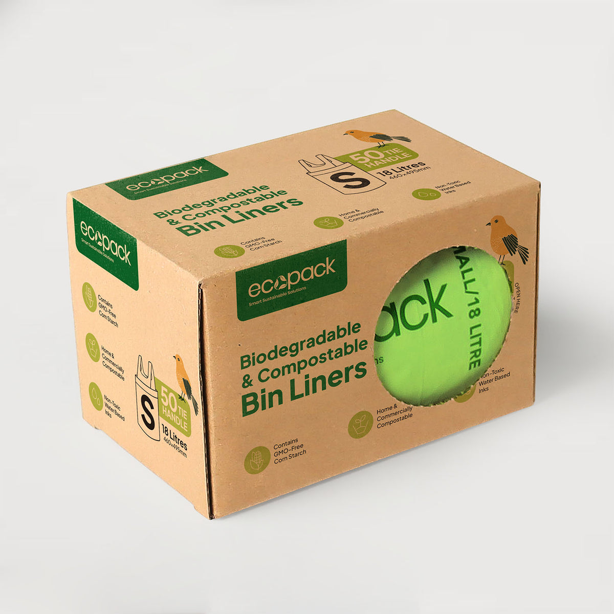 Ecopack 18L Compostable Lime Green Bin Liners Dispenser Box