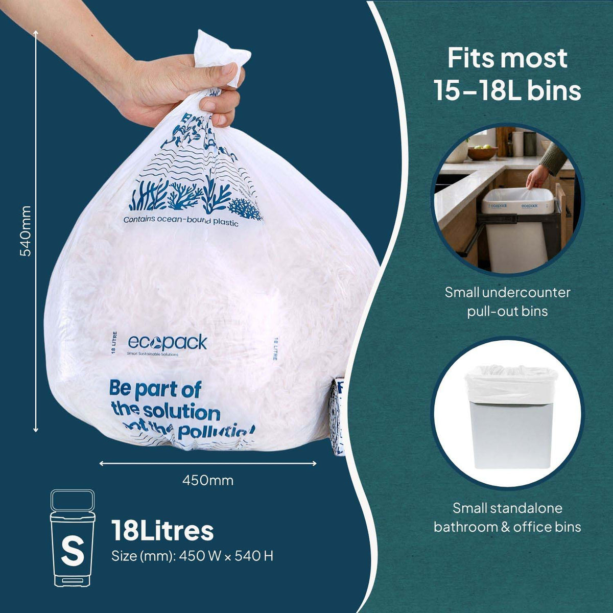 Ecopack 18L Recycled Plastic Ocean Bound Bin Liners Size