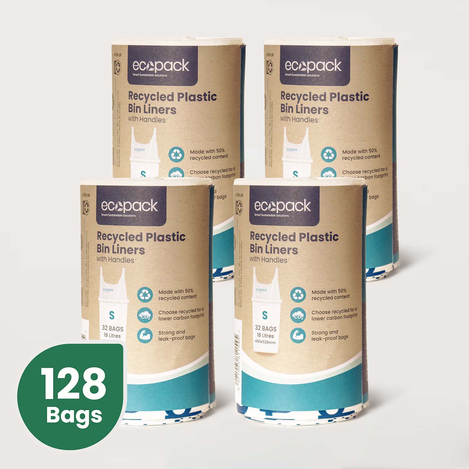 Ecopack 18L Recycled Plastic Bin Liners with Handles 4 Rolls Bundle