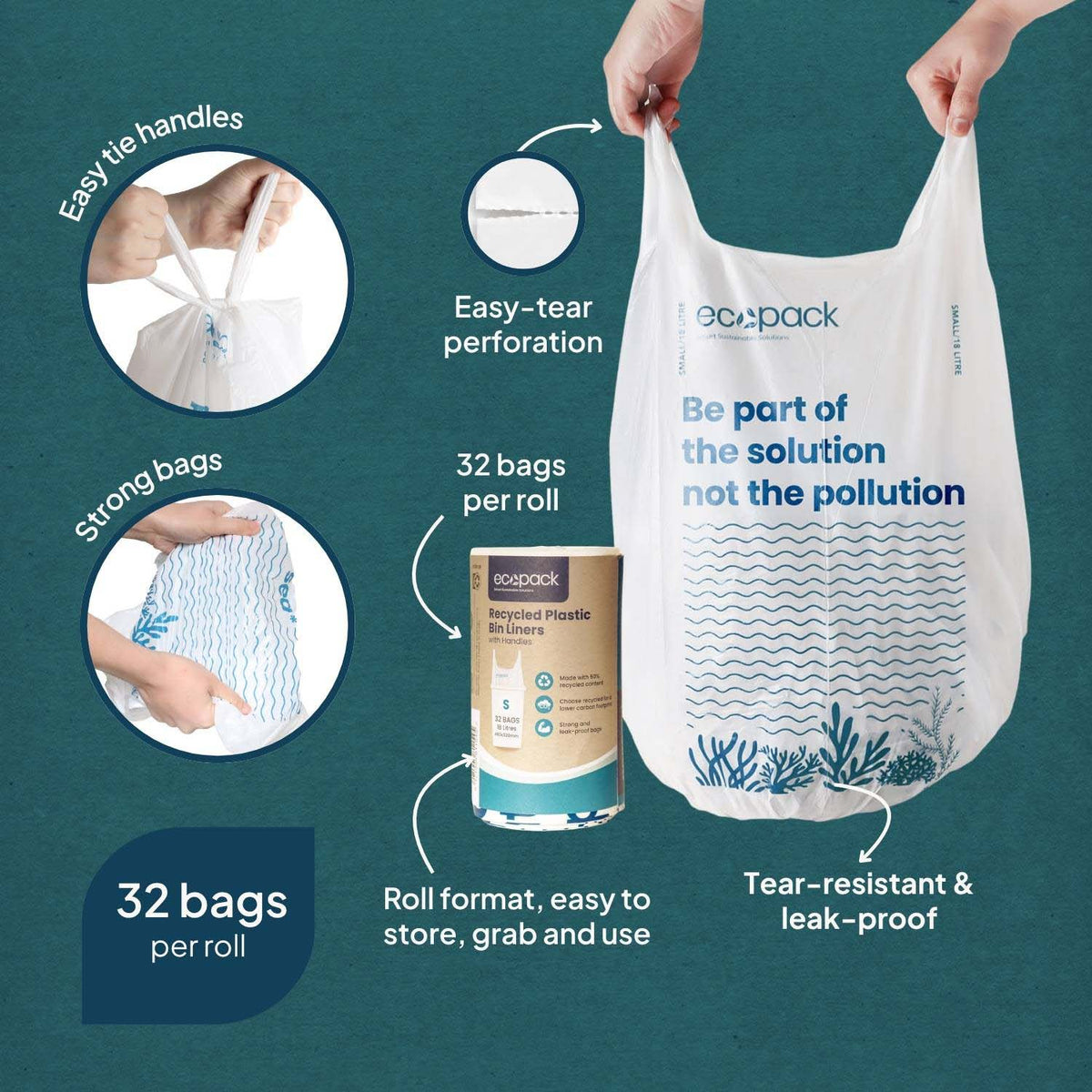 Ecopack 18L Recycled Plastic Bin Liners with Handle Features