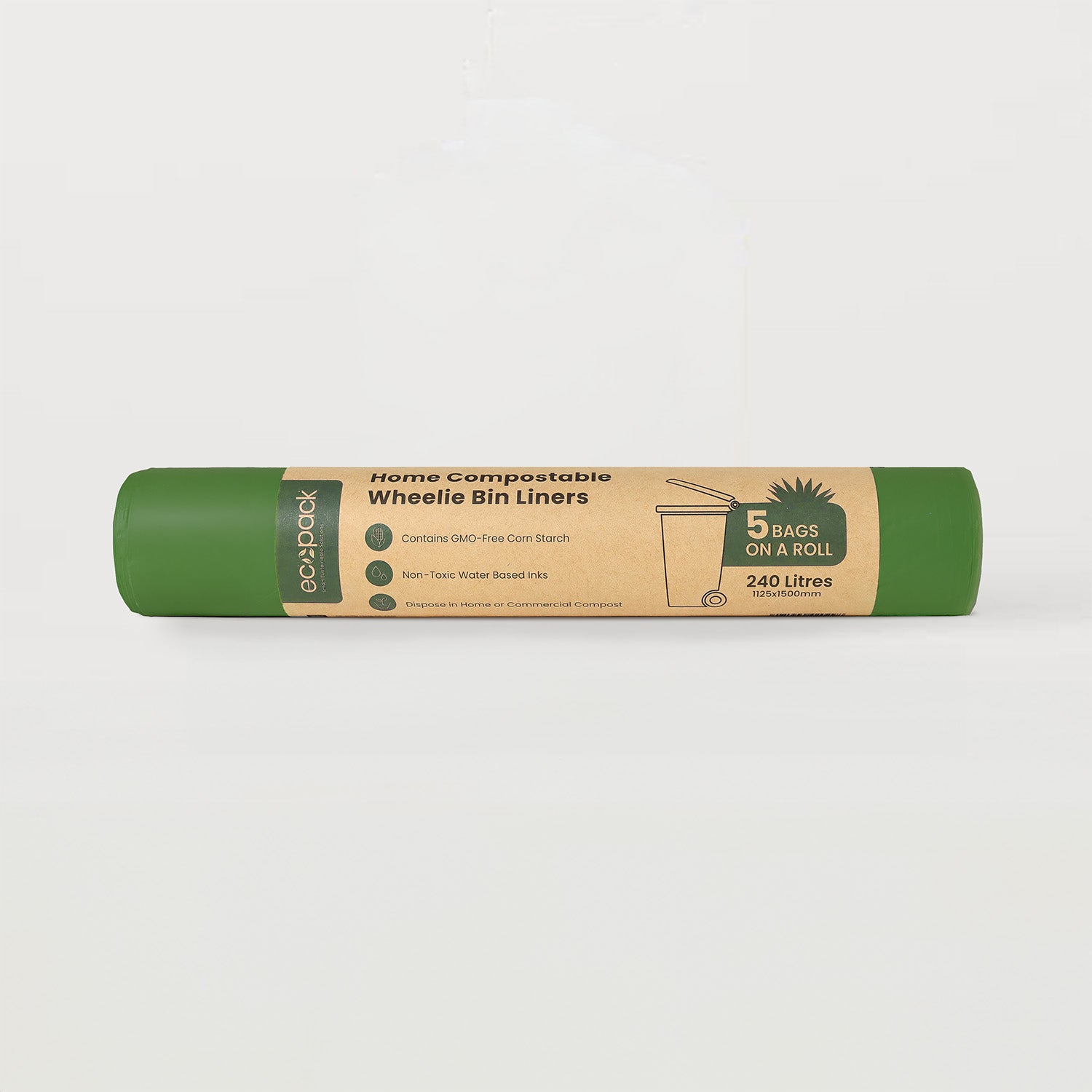 Ecopack 240L compostable bin liners roll laid horizontally on a clean background