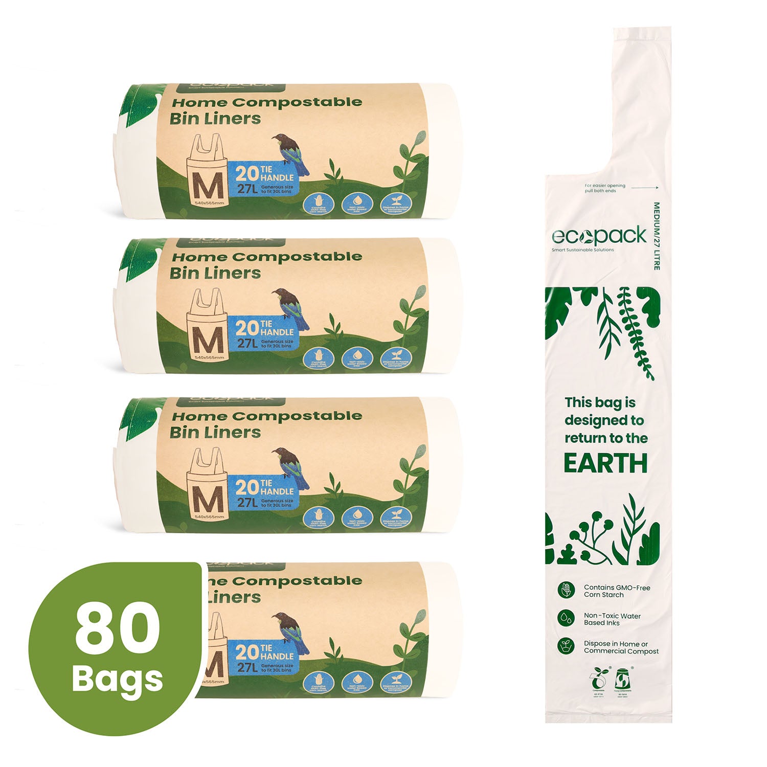 Four rolls of 27L compostable bin liners with a flat bag displayed