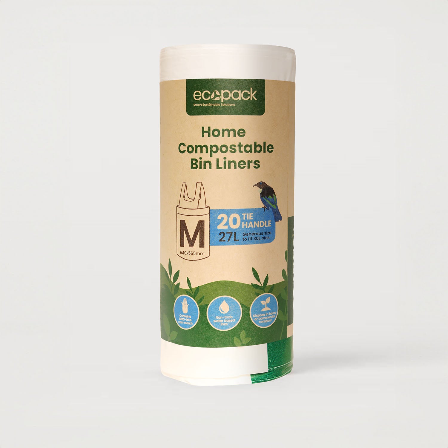 Ecopack 27L compostable bin liners with tie handles roll standing vertically on a clean background