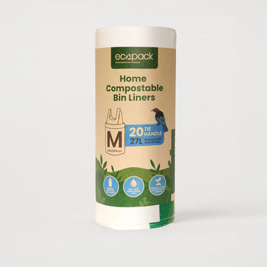 Ecopack 27L compostable bin liners with tie handles roll standing vertically on a clean background