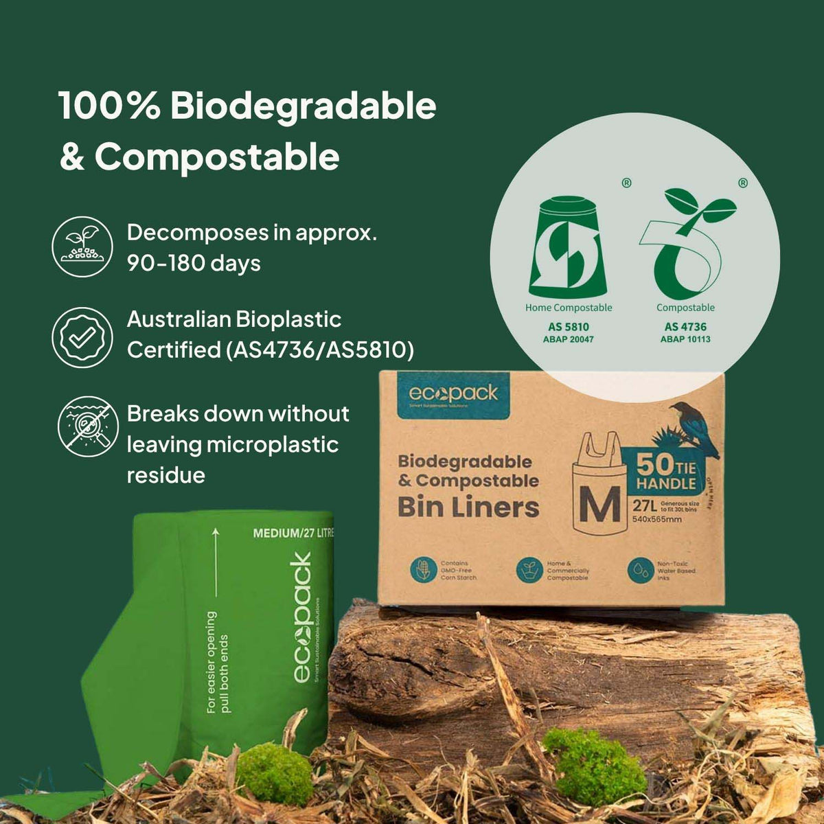 Ecopack 27L Compostable Green Bin Liners Dispenser Box Certified Home & Commercial Compostable