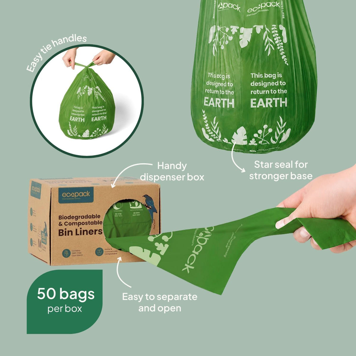Ecopack 27L Compostable Green Bin Liners Dispenser Box Features