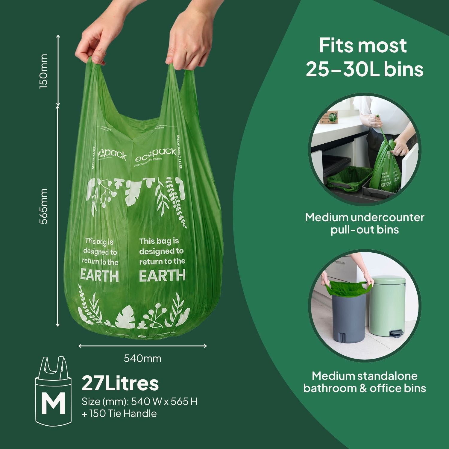 Ecopack 27L Compostable Green Bin Liners Dispenser Box Bag Size