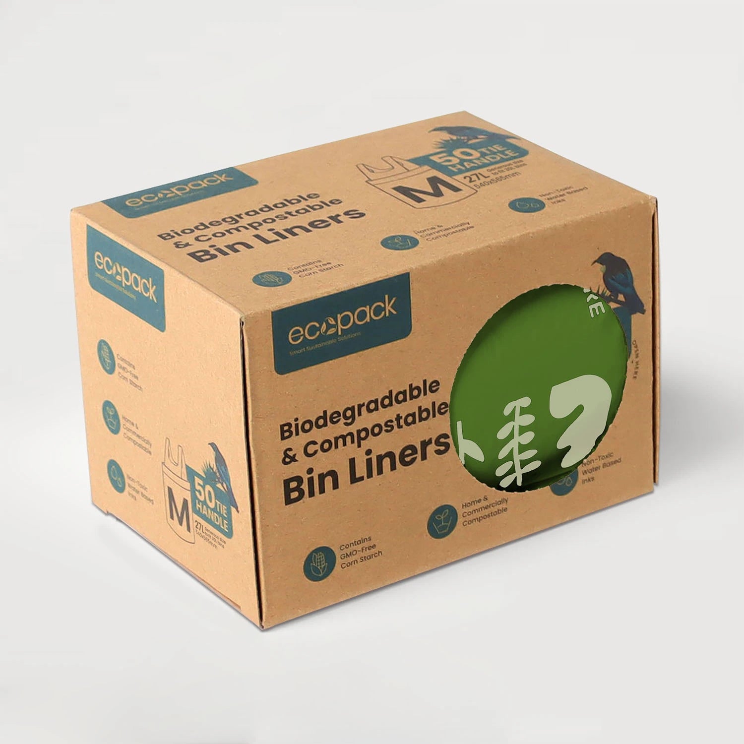 Ecopack 27L compostable green bin liners with tie handle dispenser box 
