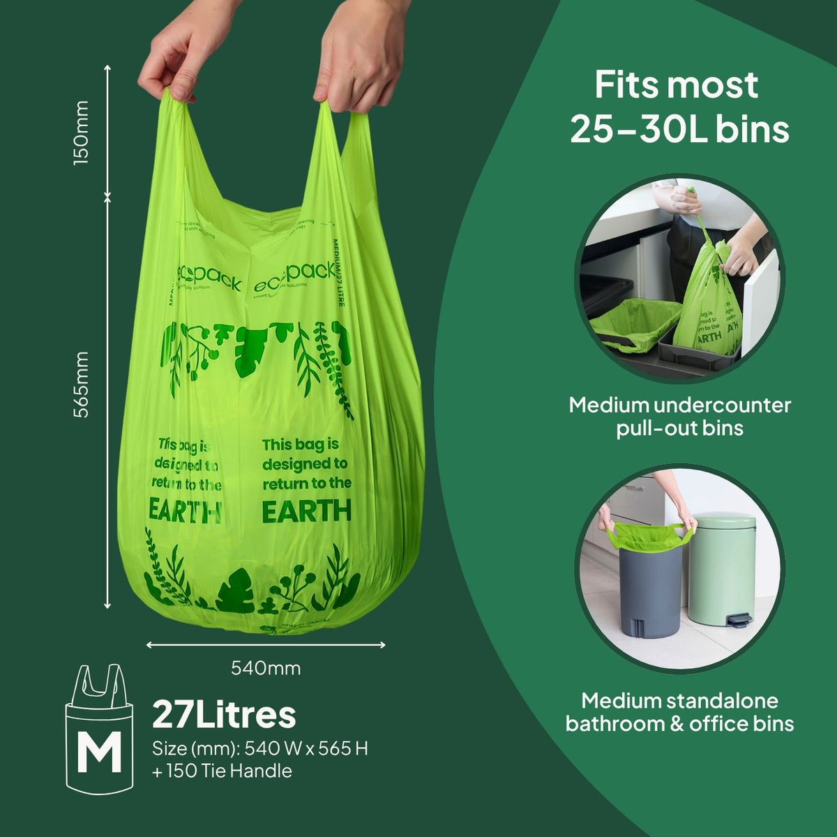 Ecopack 27L Compostable Lime Green Bin Liners Dispenser Box Bag Size