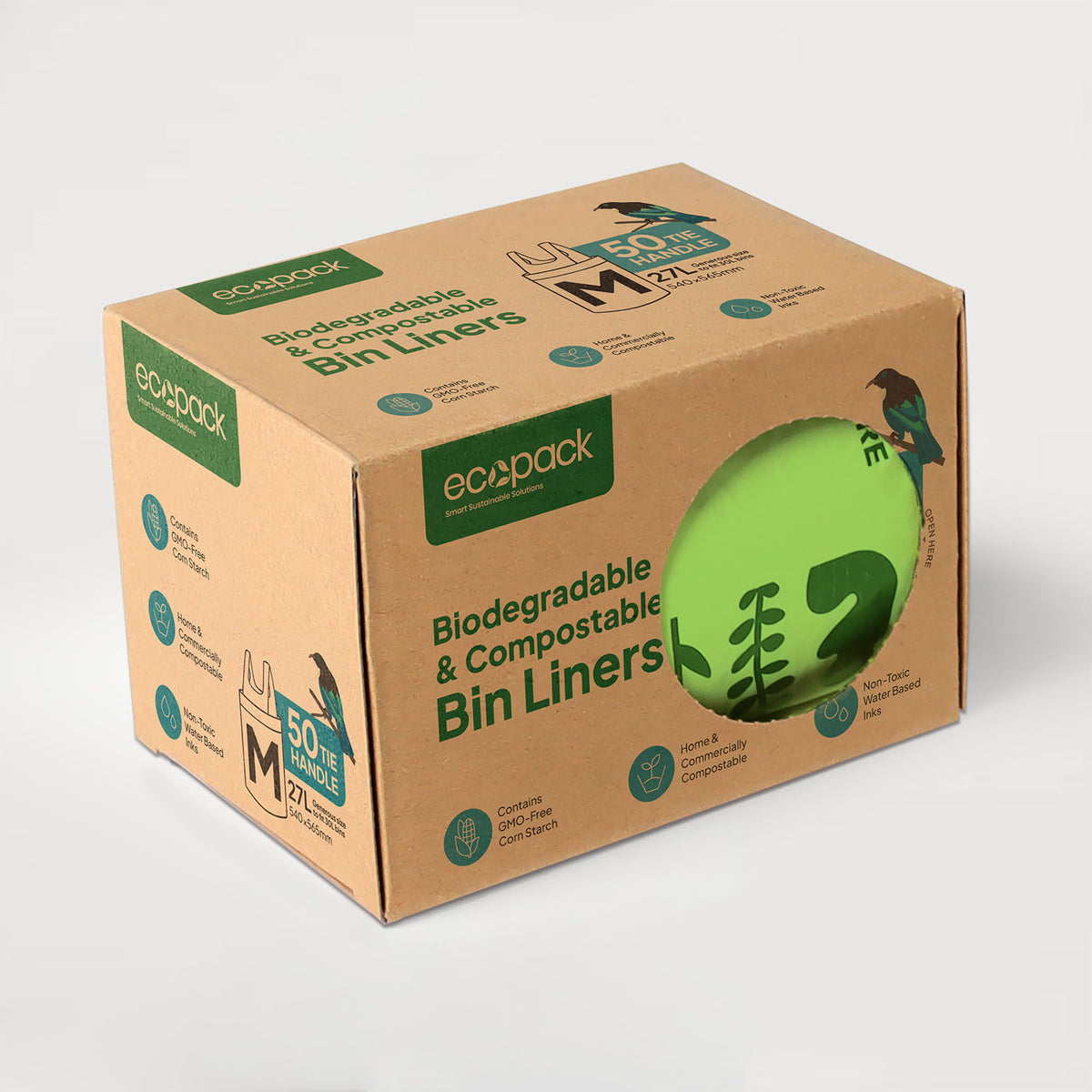 Ecopack 27L Compostable Lime Green Bin Liners Dispenser Box