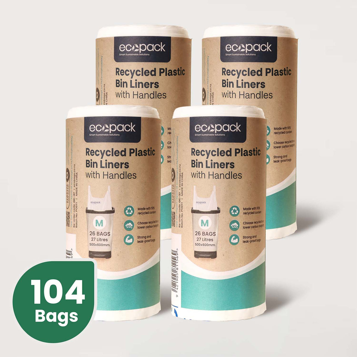 Ecopack 27L Recycled Plastic Bin Liners with Tie Handle 4 Rolls Bundle