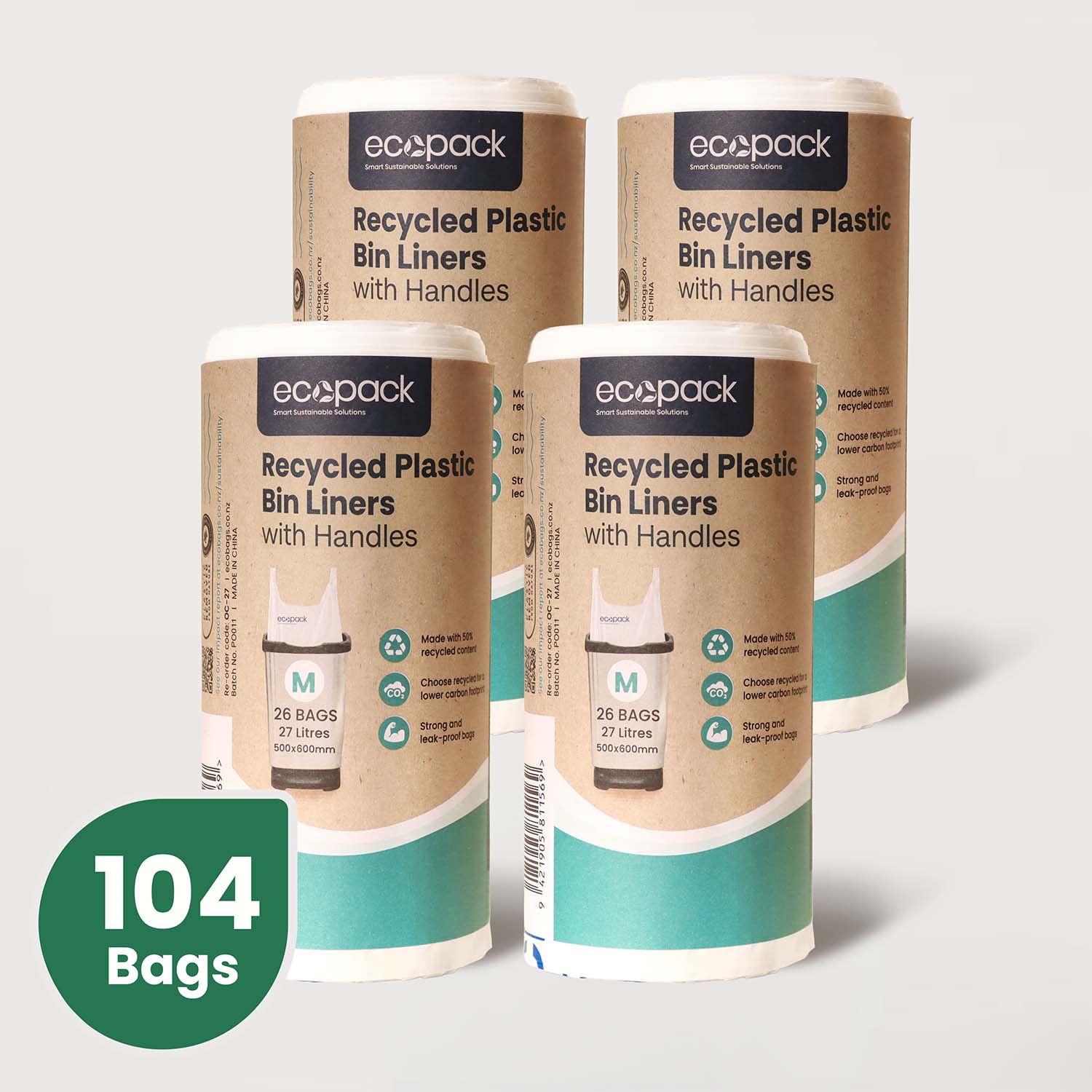 Ecopack 27L Recycled Plastic Bin Liners with Tie Handle 4 Rolls Bundle