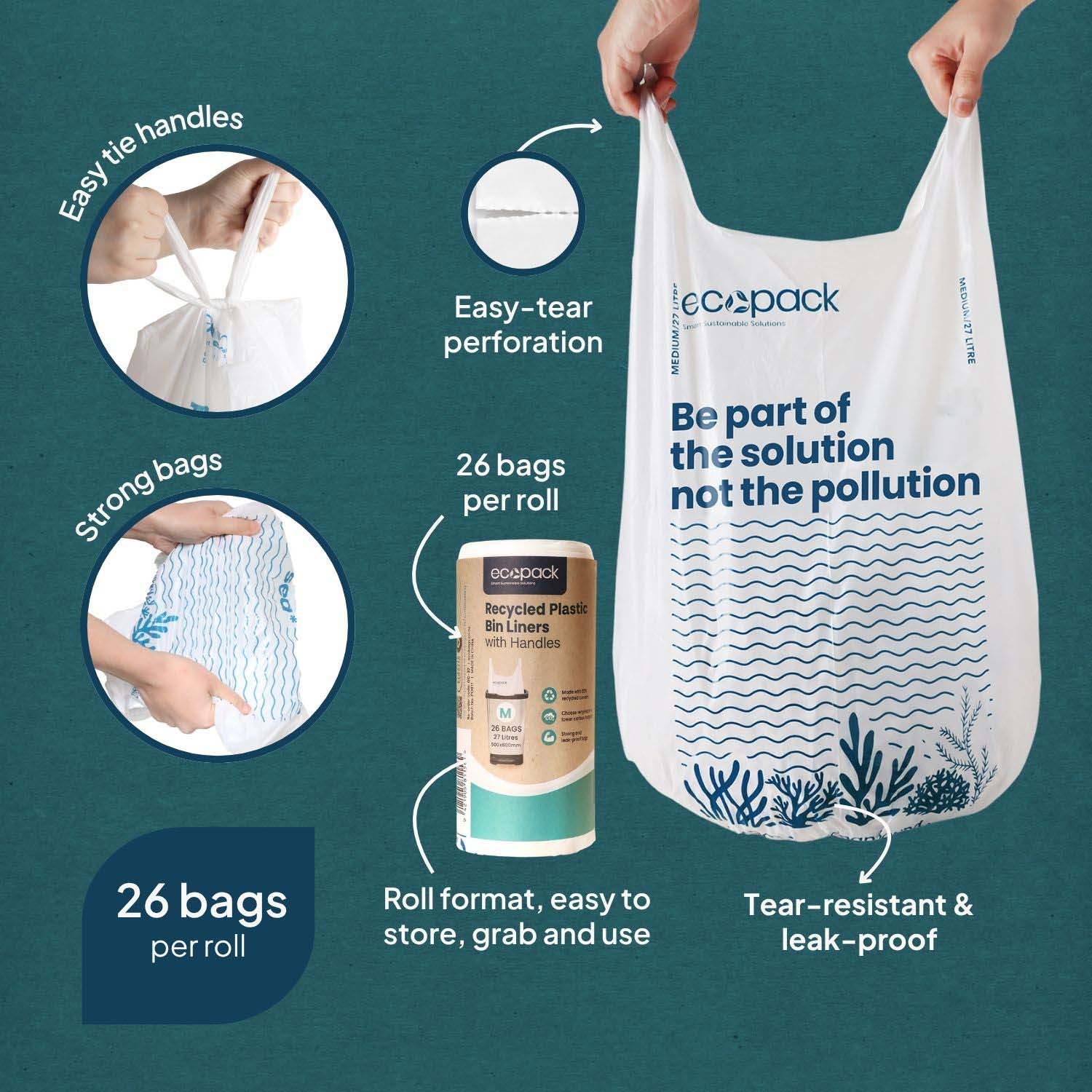 Ecopack 27L Recycled Plastic Bin Liners with Handle Features