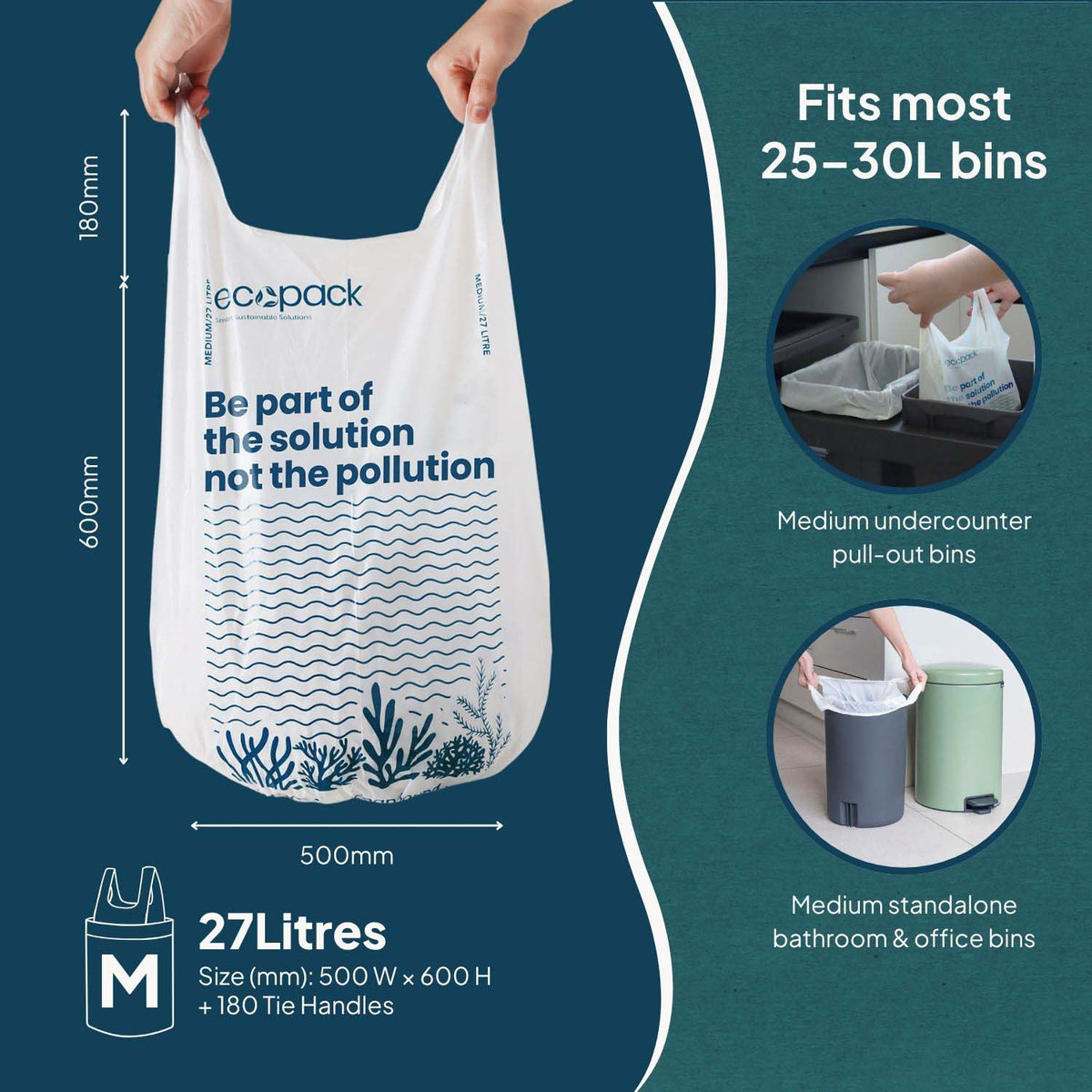Ecopack 27L Recycled Plastic Bin Liners with Handle Bag Size