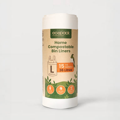 Ecopack 36L compostable bin liners with tie handles roll standing vertically on a clean background