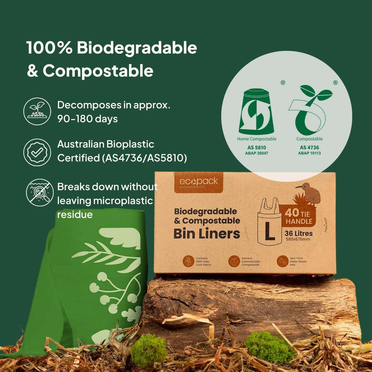 Ecopack 36L Compostable Green Bin Liners Dispenser Box Certified Home & Commercial Compostable