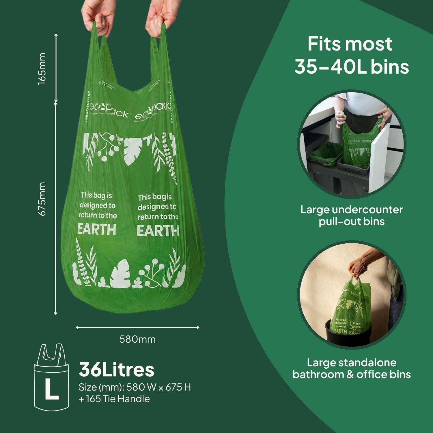 Ecopack 36L Compostable Green Bin Liners Dispenser Box Bag Size