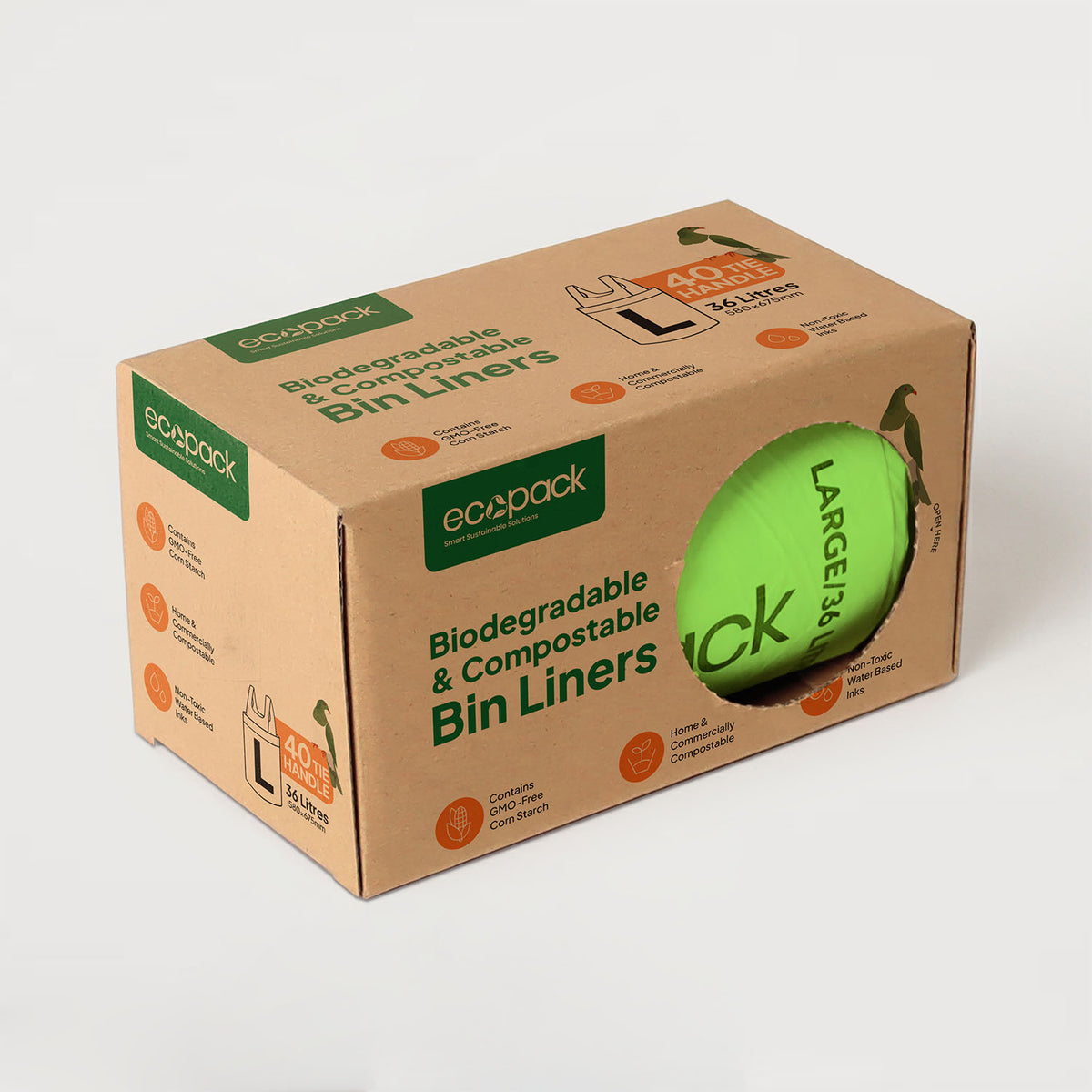 Ecopack 36L Compostable Lime Green Bin Liners Dispenser Box
