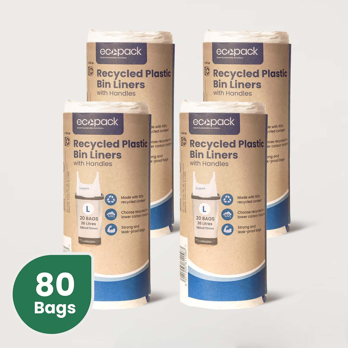 Ecopack 36L Large Recycled Plastic Bin Liners with Tie Handles 4 Rolls Bundle