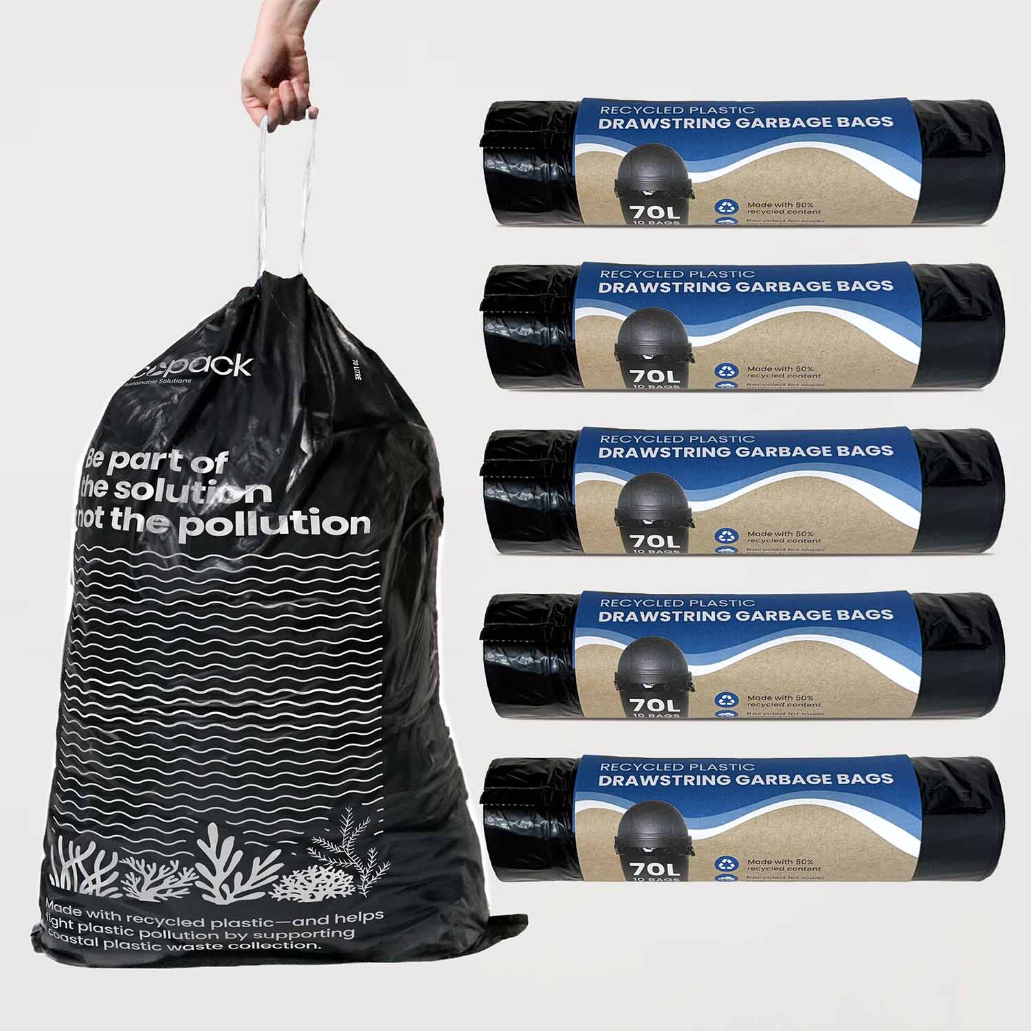 Ecopack 70L XL Recycled Plastic Garbage Bags (5 Roll/50 Bags)