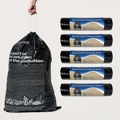 Ecopack 70L black drawstring recycled plastic garbage bag 5 rolls bundle
