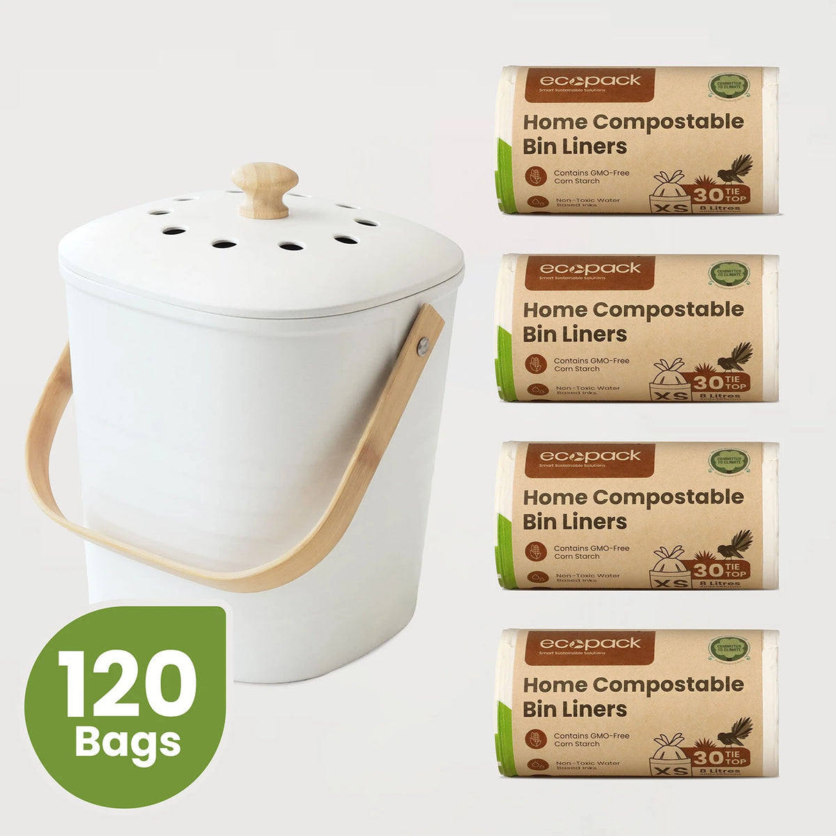 Ecopack Compost Bin Set: Bamboo Caddy + 8L Compostable Bin Liners