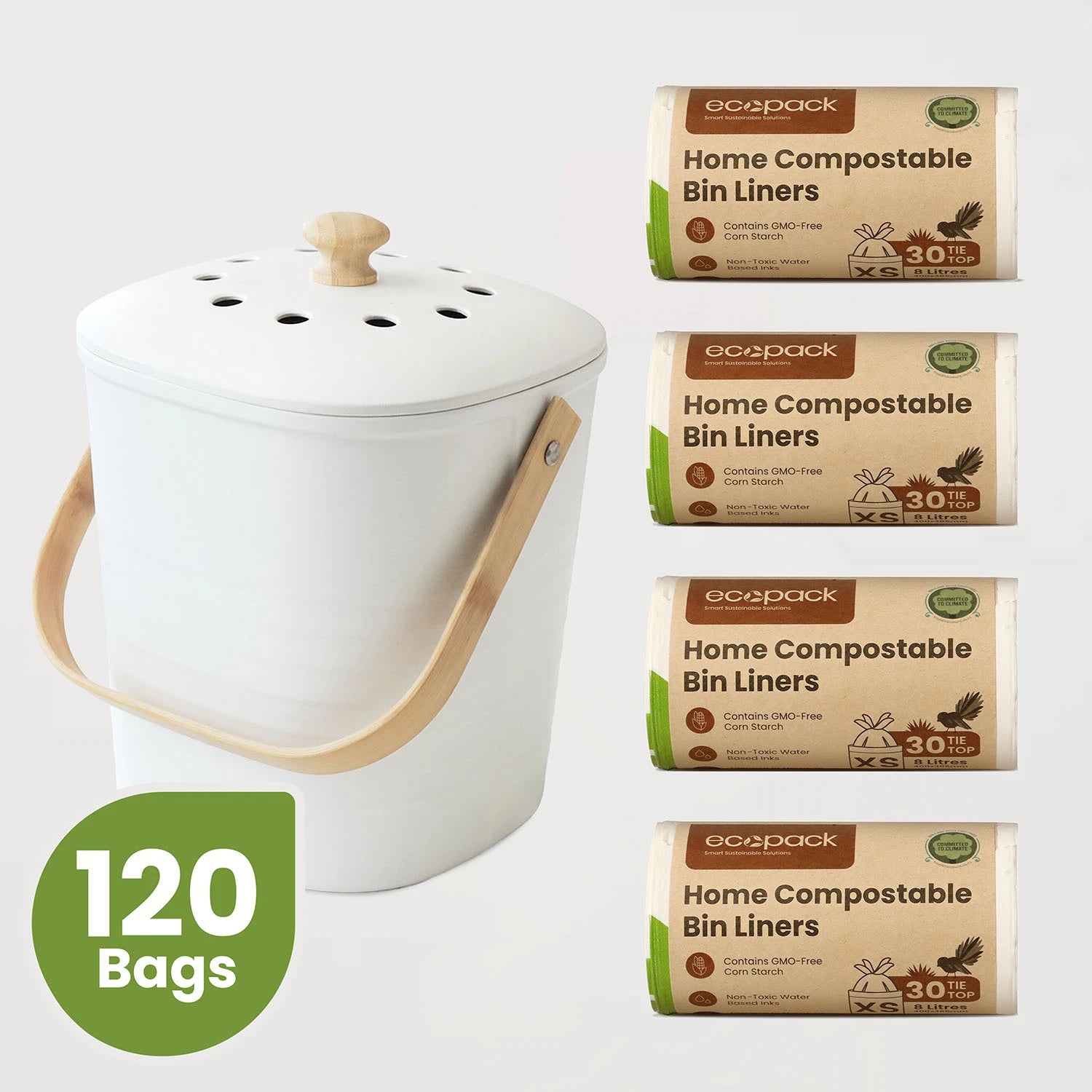 Ecopack Compost Bin Set: Bamboo Caddy + 8L Compostable Bin Liners