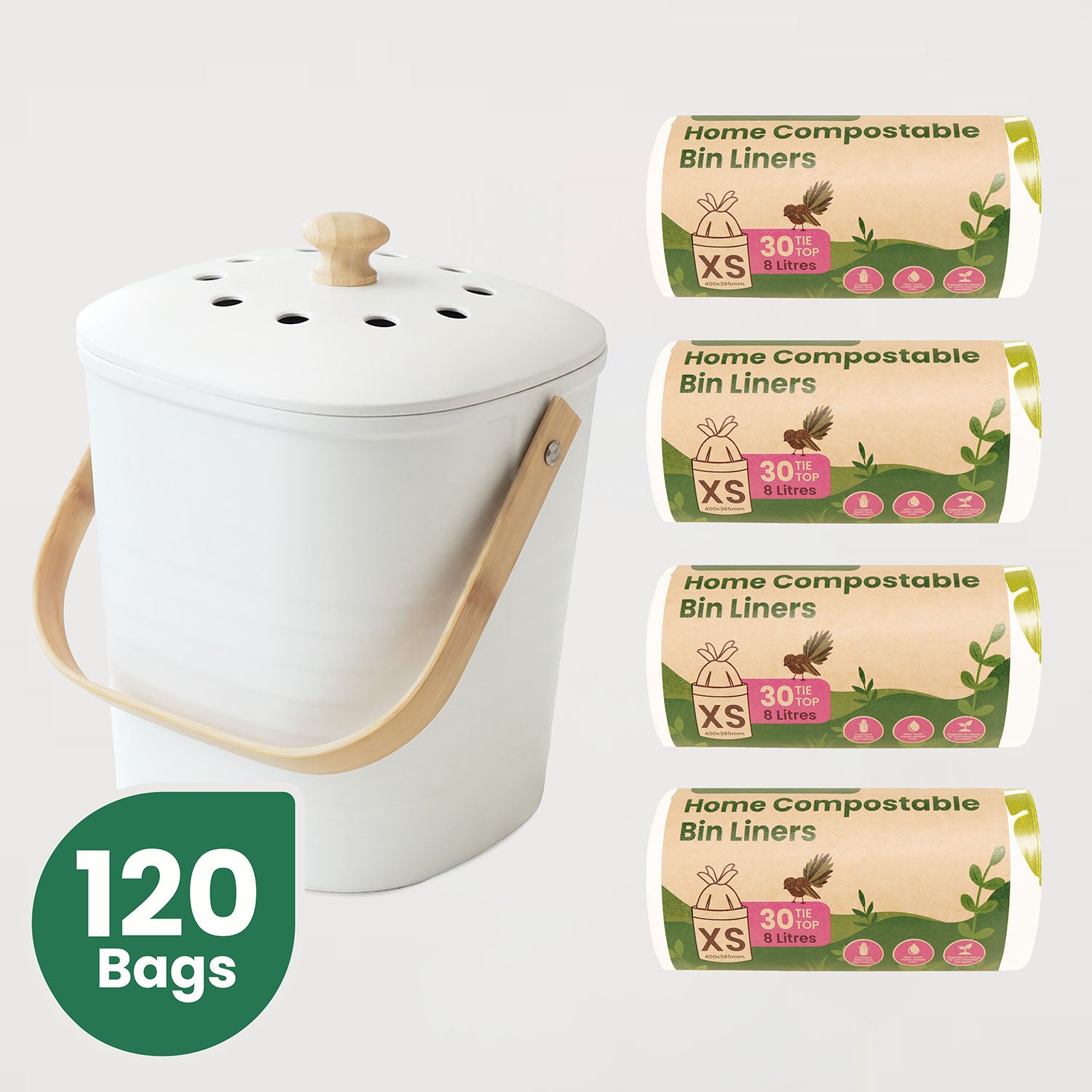 Ecopack Compost Bin Set: Kitchen Compost Bin + 8L Compostable Bin Liners (4 Rolls/120 Bags)