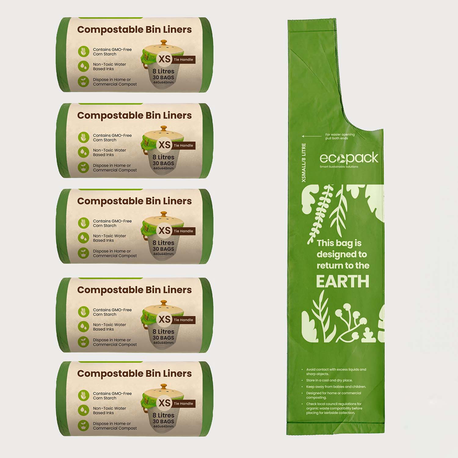 Ecopack Green Compostable Bin Liners with Tie Handle 5 Rolls Bundle