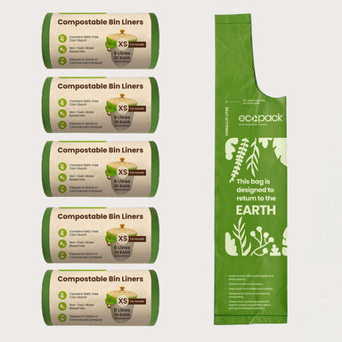 Ecopack Green Compostable Bin Liners with Tie Handle 5 Rolls Bundle