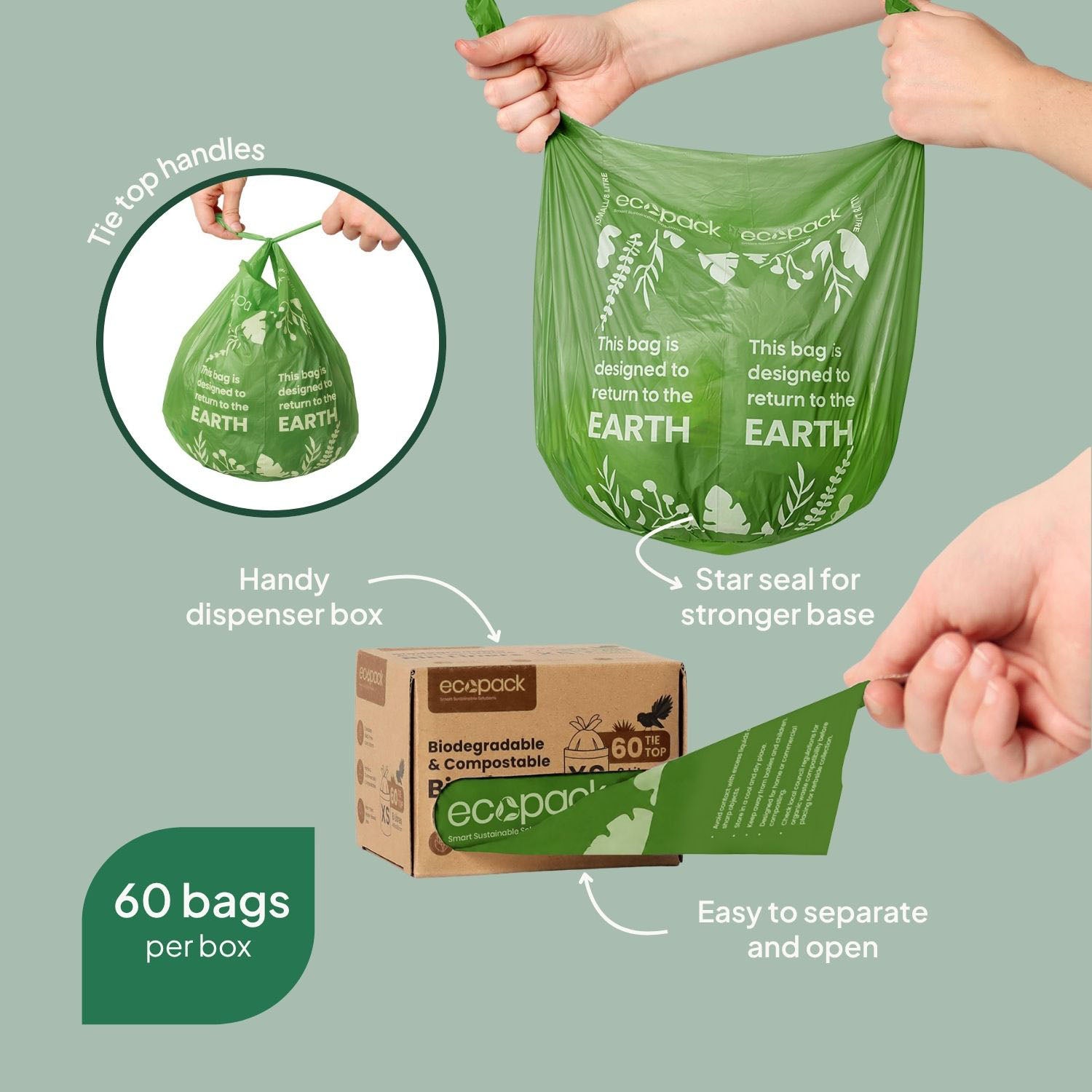 Ecopack 8L Compostable Green Bin Liners Dispenser Box Features