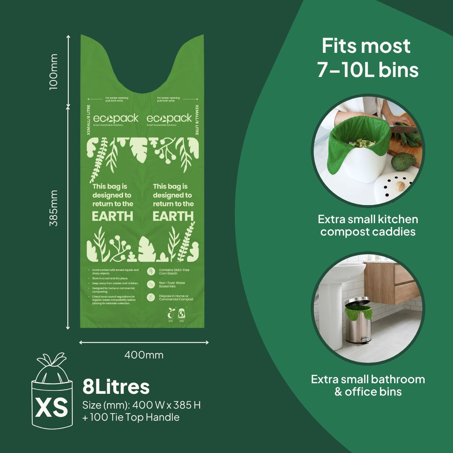 Ecopack 8L Compostable Green Bin Liners Dispenser Box Bag Size