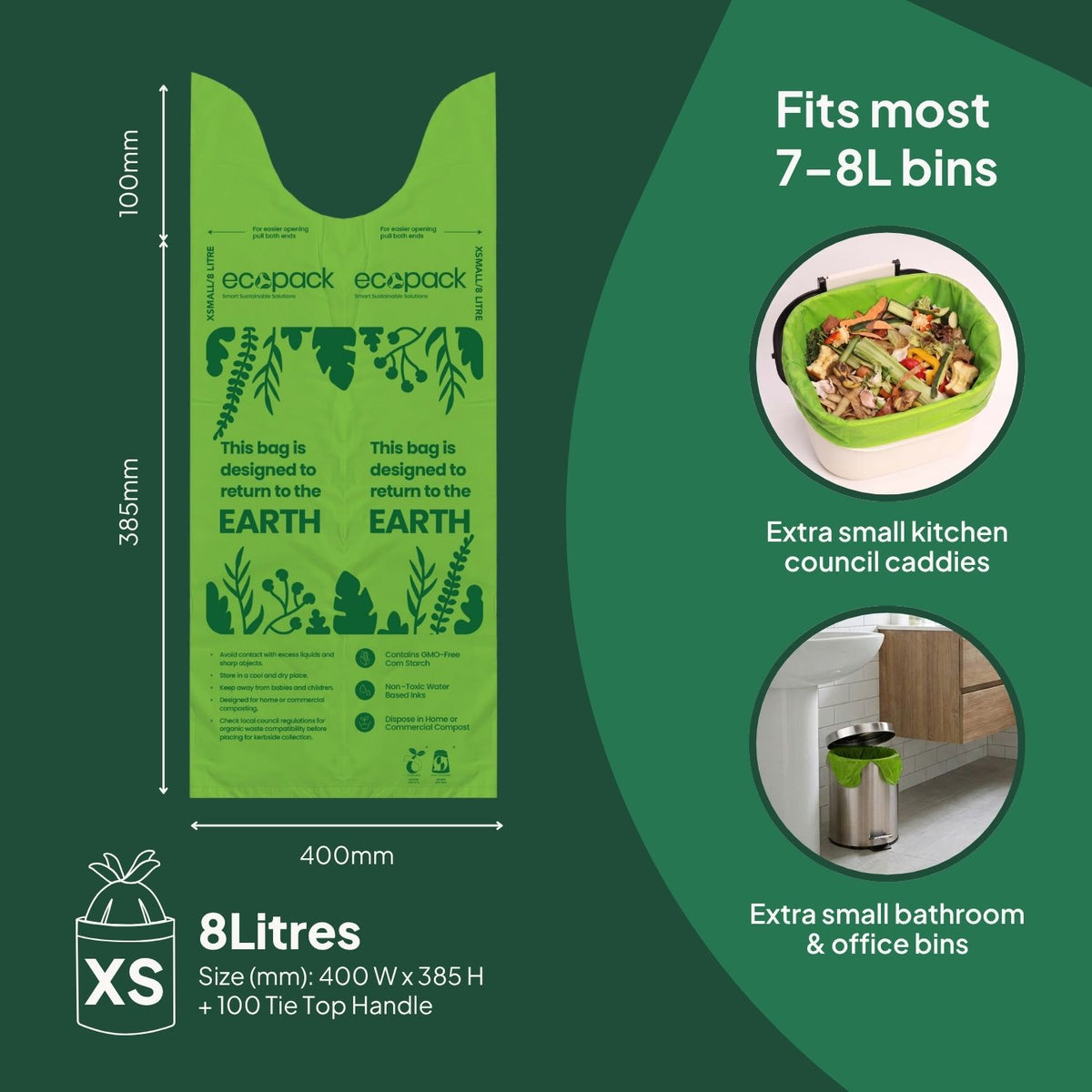 Ecopack 8L Compostable Lime Green Bin Liners Size