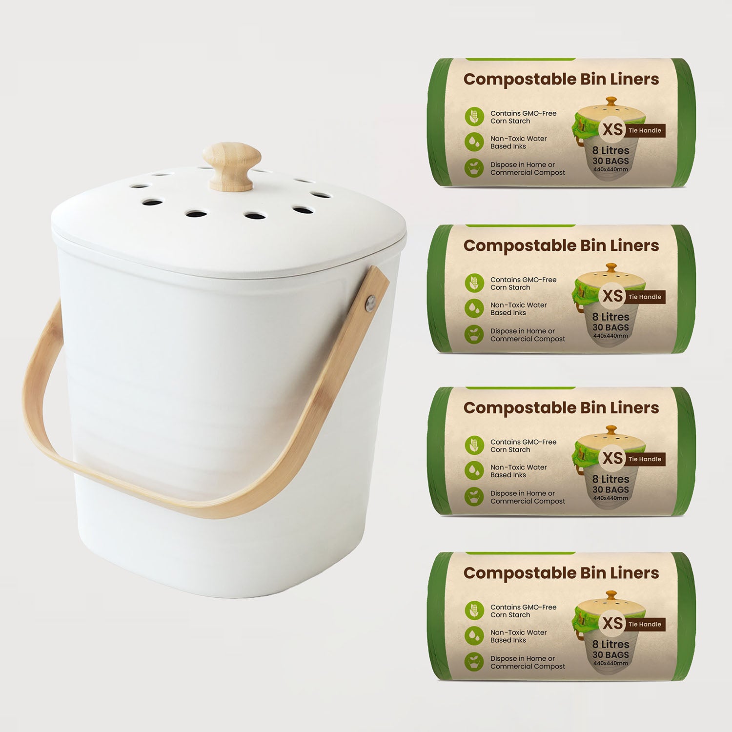 Ecopack Compost Bin Set: Kitchen Compost Bin + 8L Green Compostable Bin Liners (4 Rolls/120 Bags)