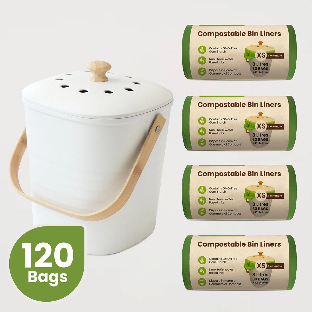 Ecopack Compostable 8L Green Bin Liners 4 Roll Bundle with Countertop Bamboo Kitchen Compost Bin