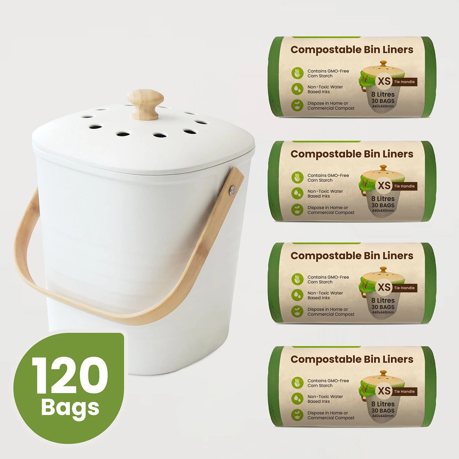 Ecopack Compostable 8L Green Bin Liners 4 Roll Bundle with Countertop Bamboo Kitchen Compost Bin