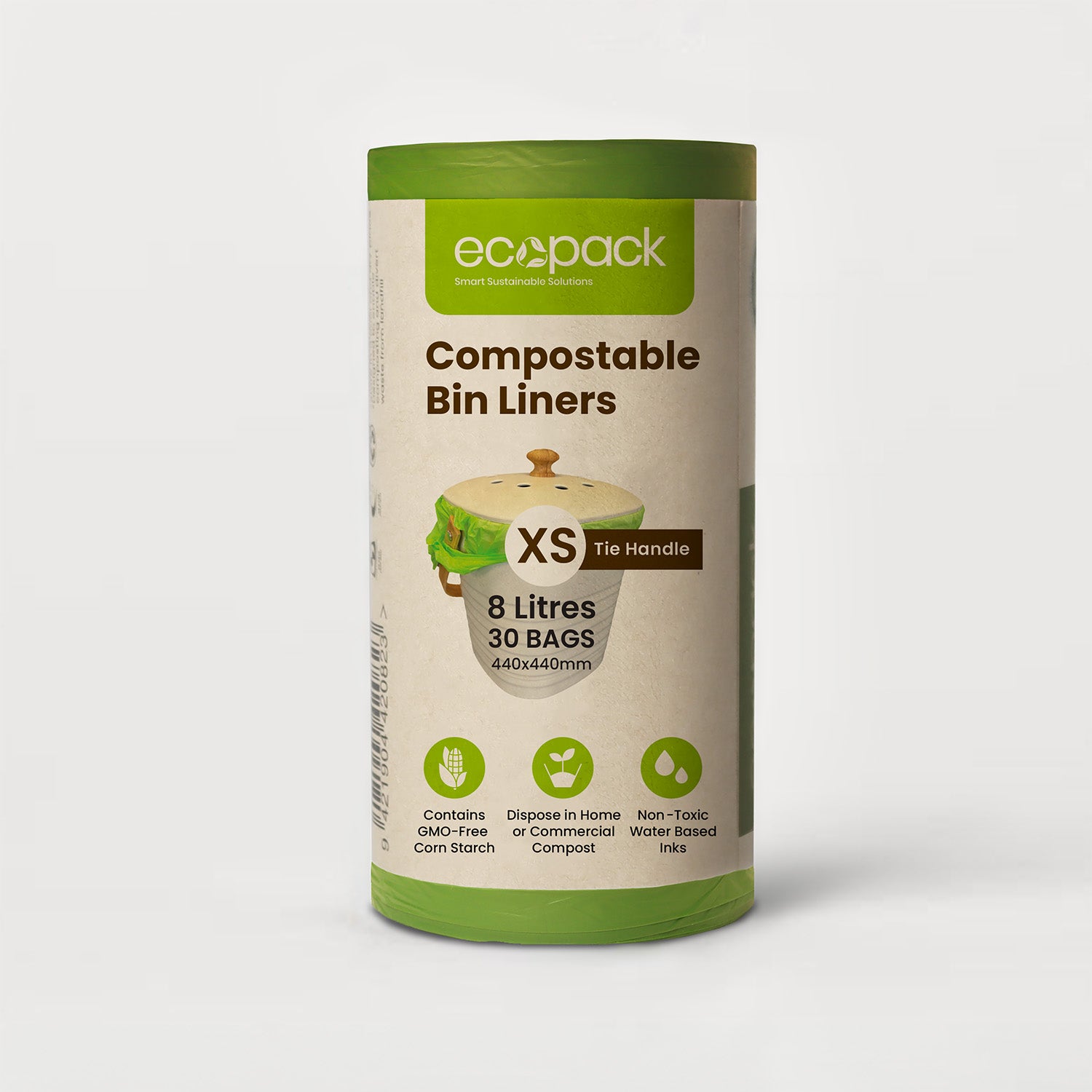 Ecopack 8L Green Compostable Bin Liners Roll with Tie Handle