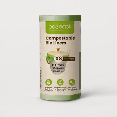 Ecopack 8L green compostable bin liners roll standing vertically on a clean background
