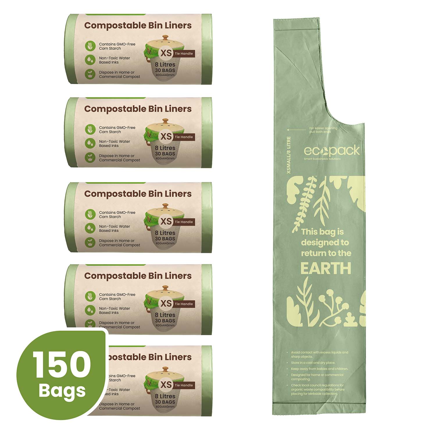 Ecopack 8L Green Compostable Bin Liners Bundle (5 Rolls/150 Bags)