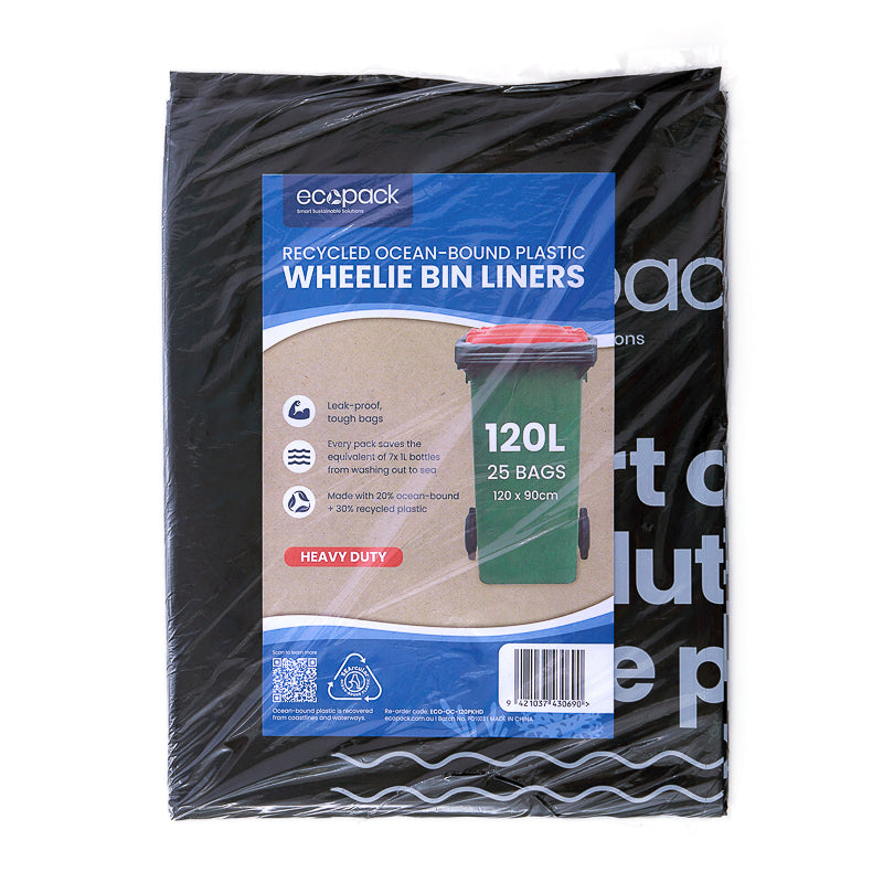 120L Ocean-Bound Recycled Plastic Wheelie Bin Liner/ Garbage Bags (Pack) - Heavy Duty Carton of 100