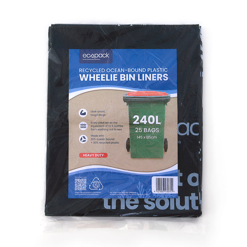 240L Ocean-Bound Recycled  Plastic Wheelie Bin Liner/ Garbage Bags (Pack) - Heavy Duty Carton of 100
