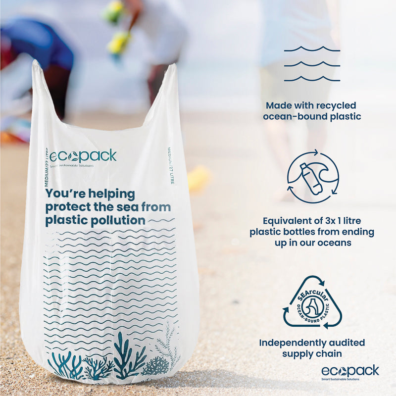 27L Recycled Ocean-Bound Plastic Bin Liners with Tie Handles (Roll of 20) Set of 4 rolls (80 Bags)