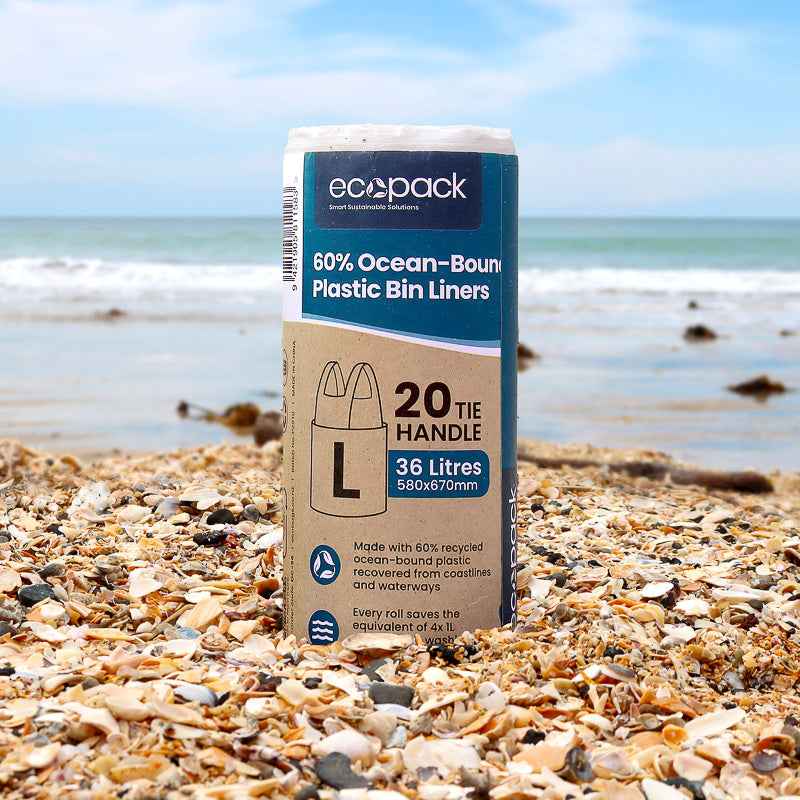 36L Recycled Ocean-Bound Plastic Bin Liners with Tie Handles (Roll of 20 ) Set of 4 rolls (80 bags)