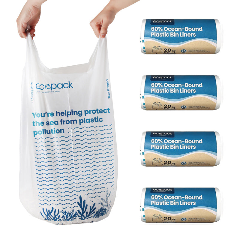 Ecopack 36L recycled plastic bin liners with handles 4 rolls bundle